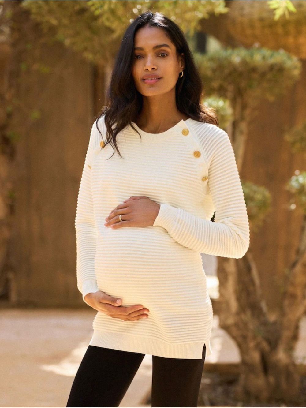 Seraphine Maternity Ripple Stitch Nursing Jumper Sweater Cream XS Gold Buttons